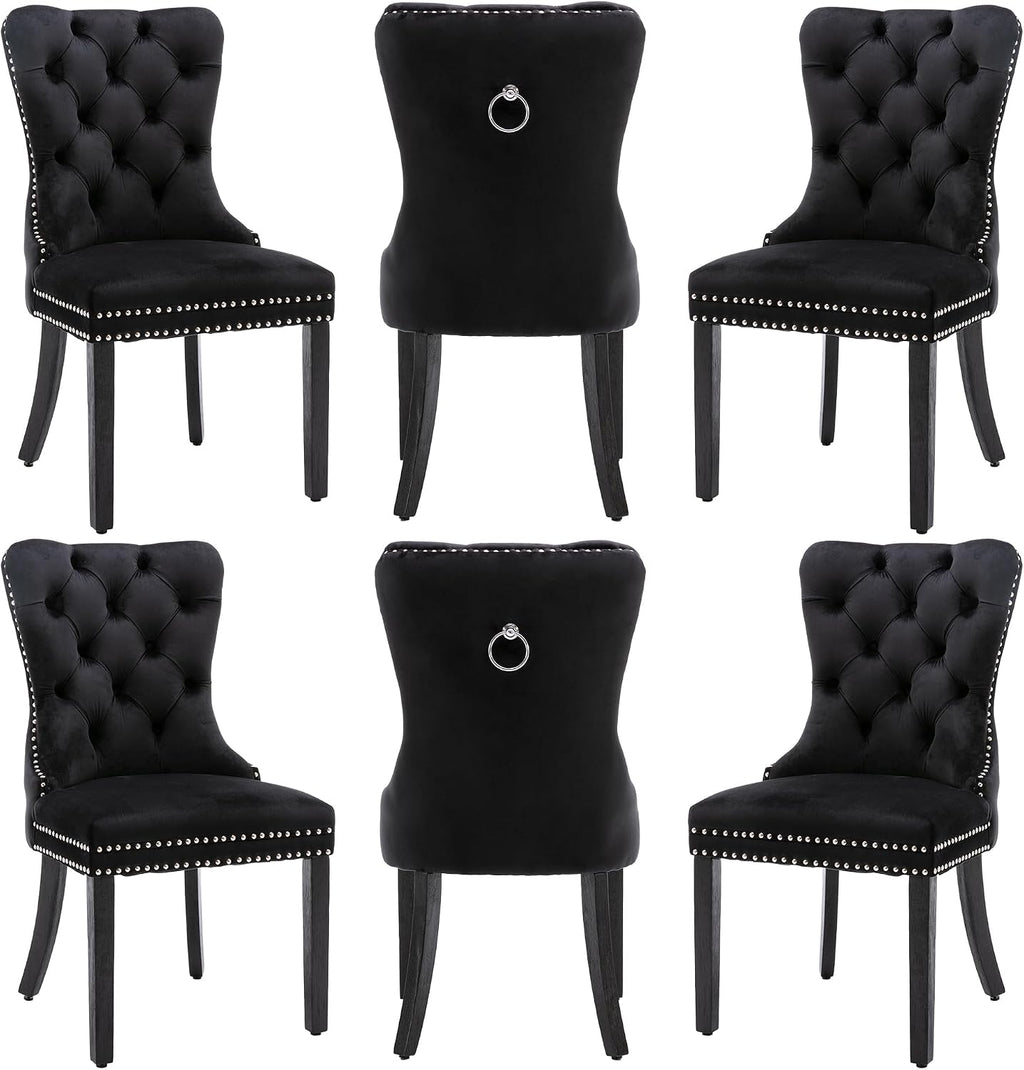 Velvet Dining Chairs Set of 6 with Wood Legs and Pull Ring, Black