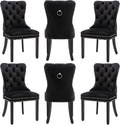 Velvet Dining Chairs Set of 6 with Wood Legs and Pull Ring, Black