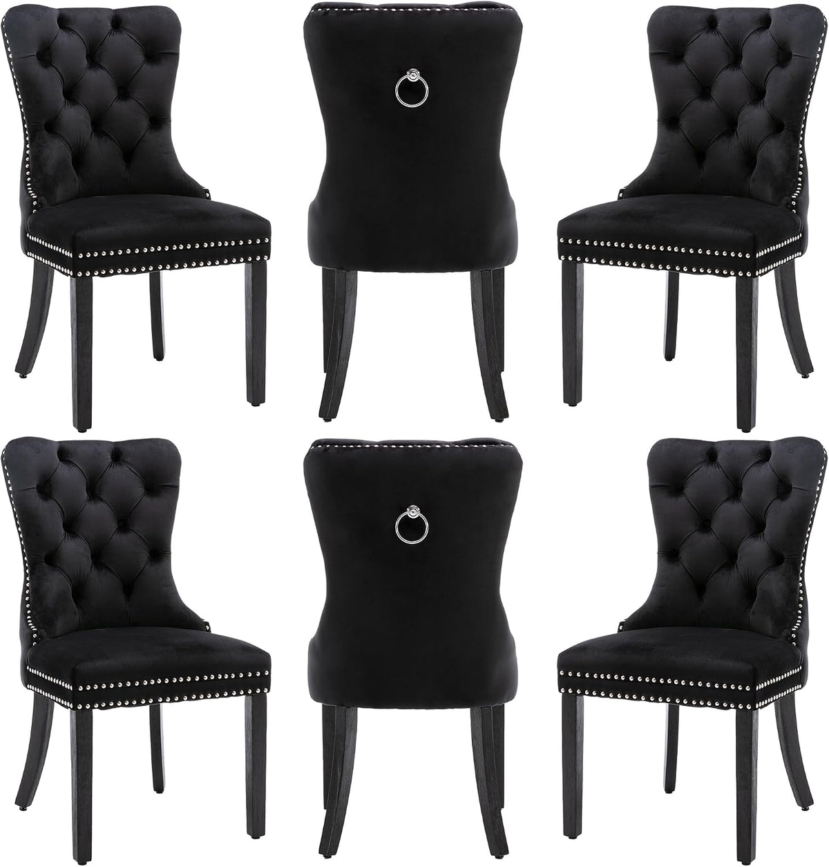 Velvet Dining Chairs Set of 6 with Wood Legs and Pull Ring, Black