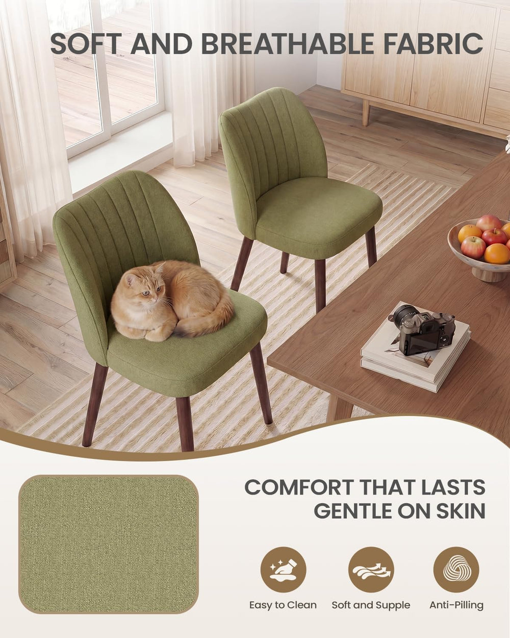 Upholstered Dining Chairs Set of 6, Farmhouse Fabric Kitchen Chairs with Soli...