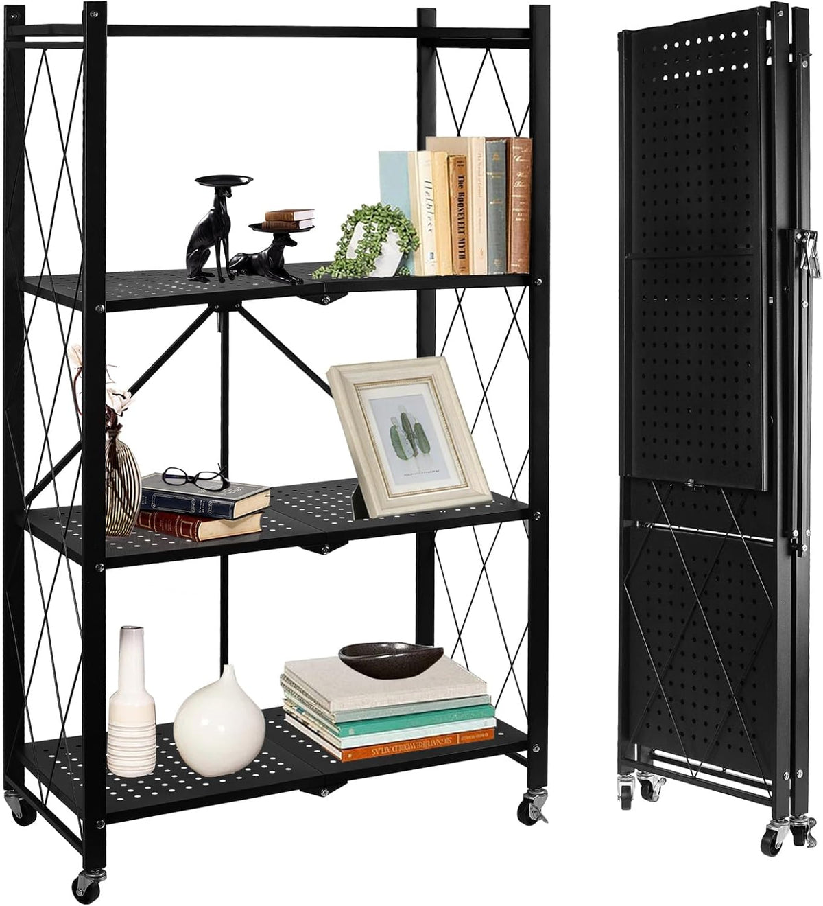 4-Tier Foldable Storage Shelf with Wheels, Metal Collapsible Shelving Unit, Heavy-Duty Rolling Cart for Kitchen Pantry Garage Office, Pre-Assembled Organizer Rack – Black