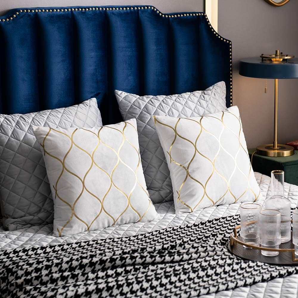 DEZENE Gold Velvet Euro Sham Pillow Covers Off White: 2 Pack 26x26 Inch Squar...
