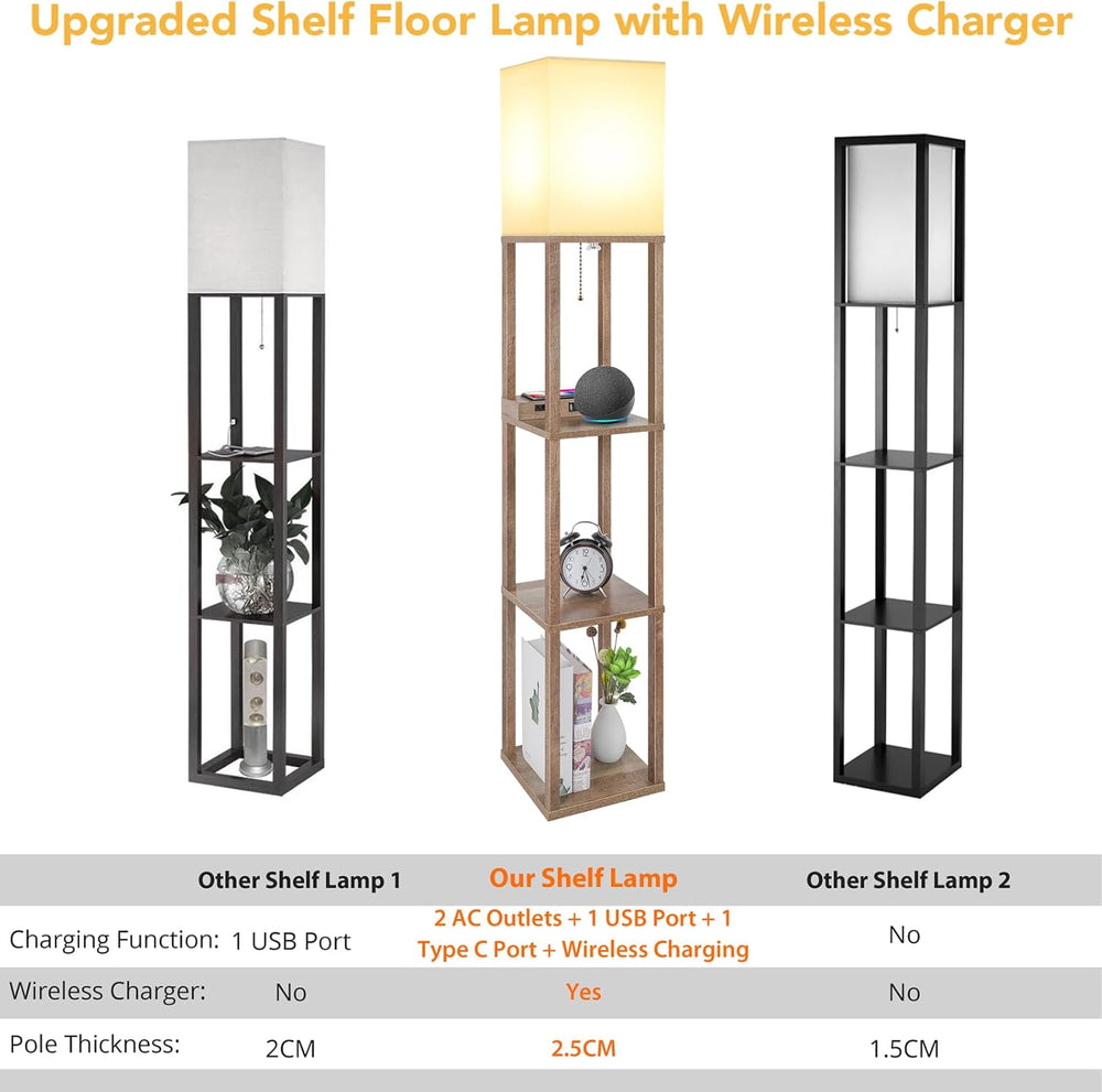 Mlambert Shelf Floor Lamp with Wireless Charger, USB, Type C, AC Port, Wood