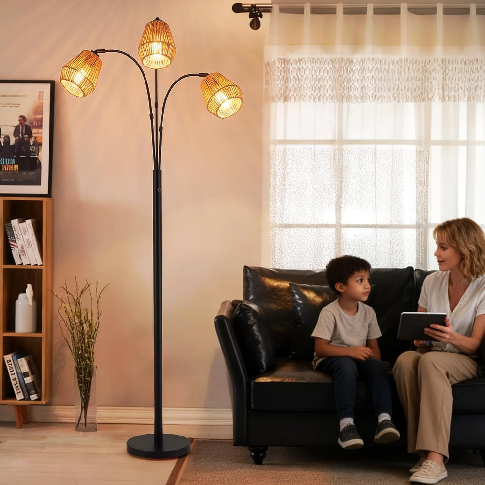 9MMML Vintage Black Arc Floor Lamp with Rotatable Arms & Rattan Lampshade...