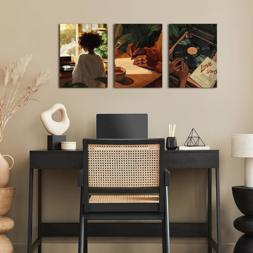 Black Girl Canvas Wall Art Set of 3 Trendy African American Women Music Poste...