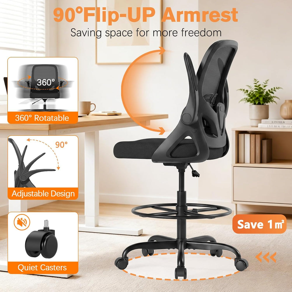 ORRSAKER Drafting Chair, Tall Office Chair with Flip-up Arms, Mesh Ergonomic ...