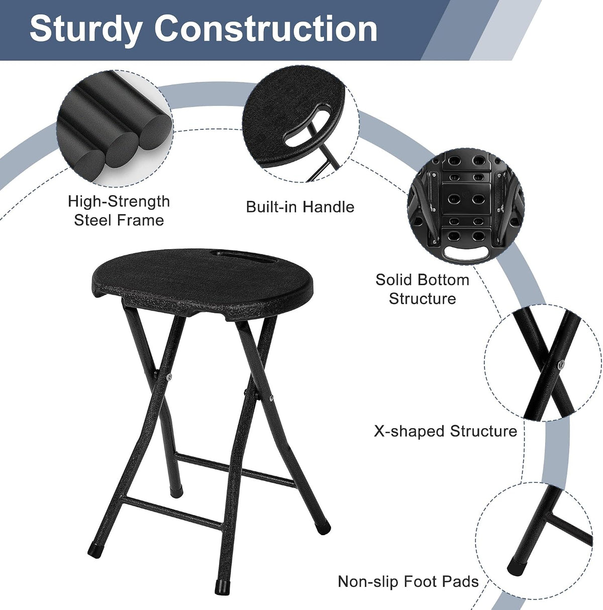 vecelo folding stool 18" with handle, solid bottom, side view