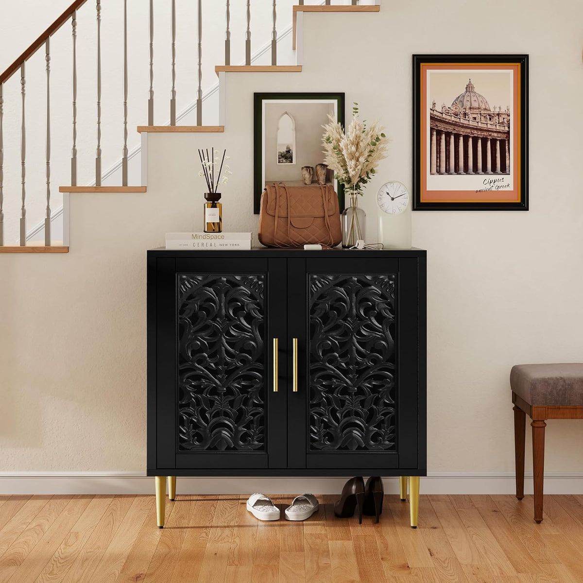 ARTPOWER Vintage Hollow Carving Accent Cabinet with 2 Doors for Living Room