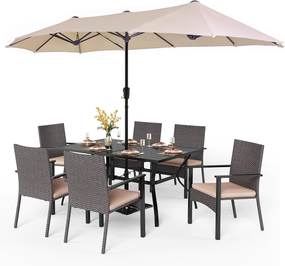 PHI VILLA 7pc Patio Dining Set with Beige Umbrella, 6 Rattan Chairs