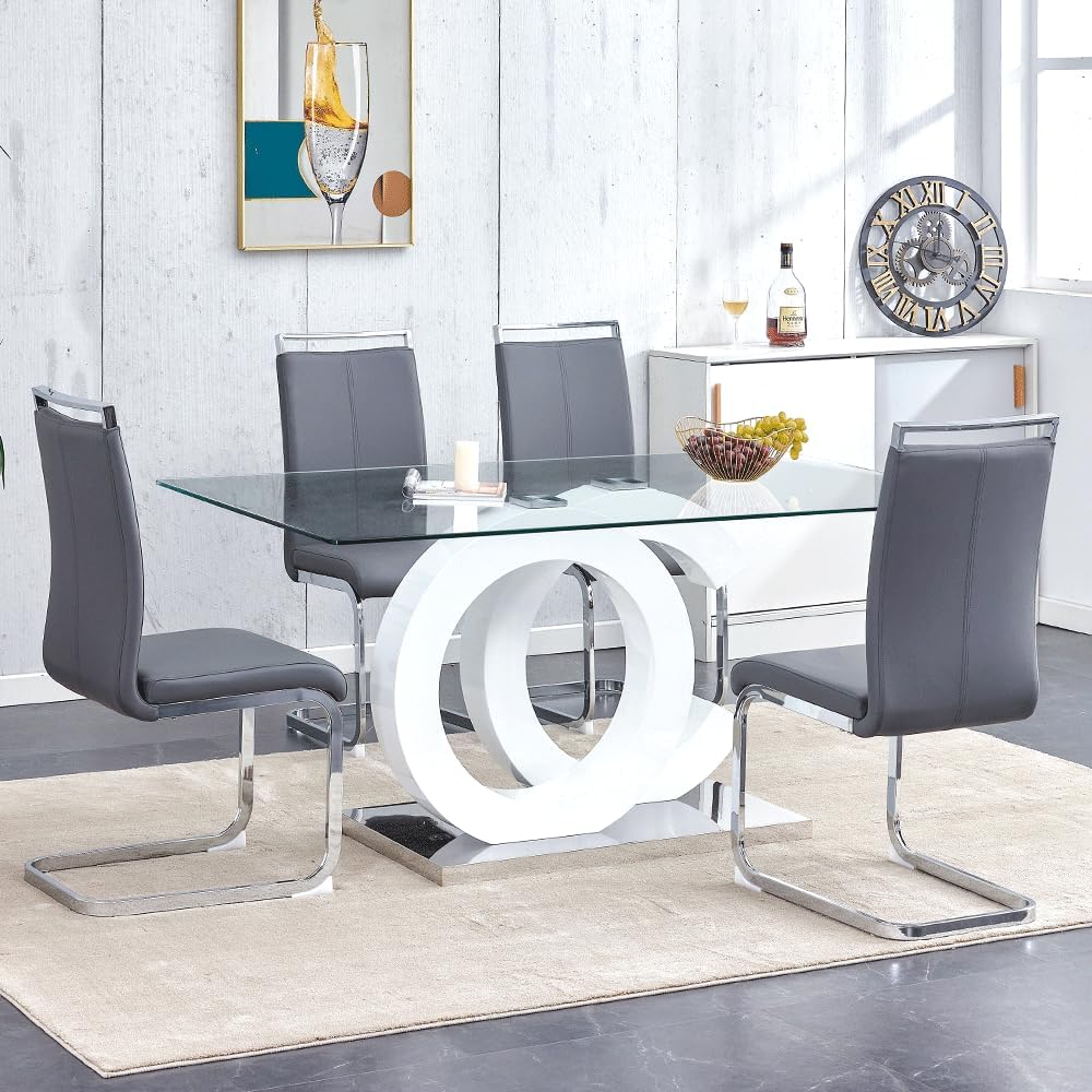 63'' Modern Glass Dining Table Set for 4, with 4 PU Leather Ergonomic Dining Chairs for Home, Kitchen, Living Room