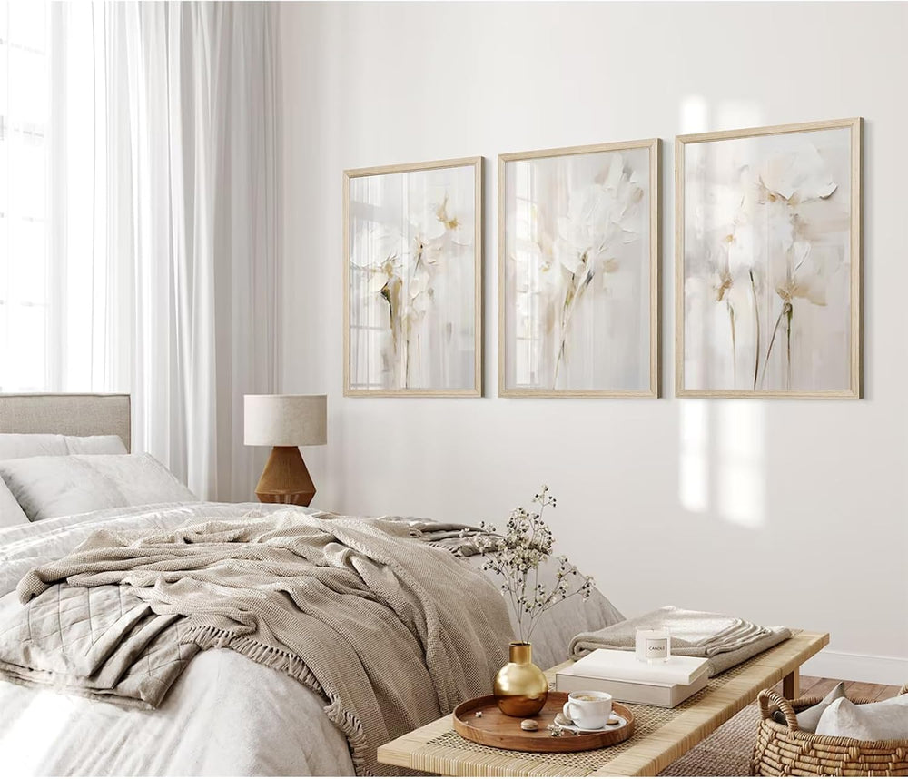 Neutral Wall Art Abstract Floral Canvas Pictures Beige Flower Wall Decor Mode...