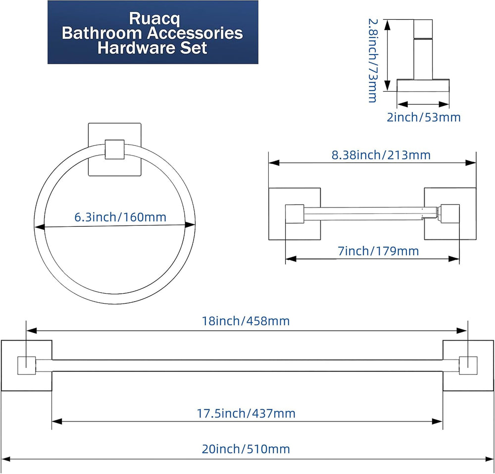 RUACQ Bathroom Accessories, 3-Piece Bathroom Hardware Set, Matte Black