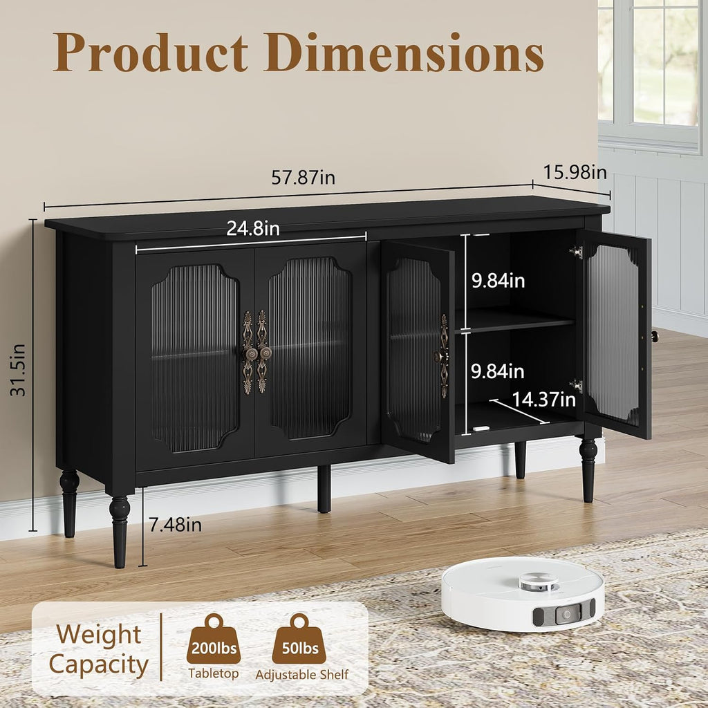 58" Sideboard Buffet Cabinet with Storage Adjustable Shelves, Black