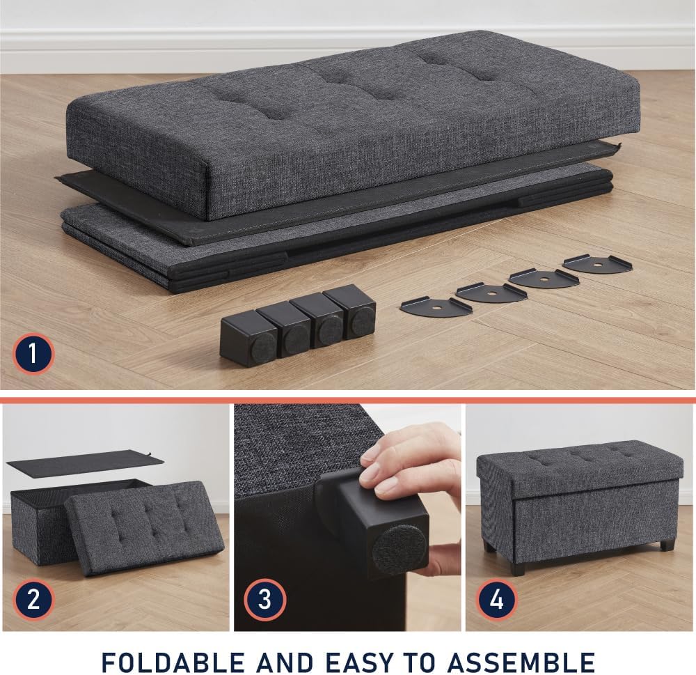 Ornavo Home 30" Large Storage Ottoman Bench with Legs, Dark Gray
