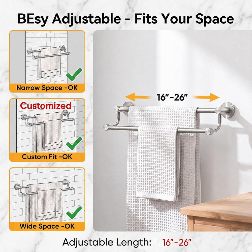BESy Double Towel Bar Towel Rack for Bathroom Wall Mounted Brushed Nickel