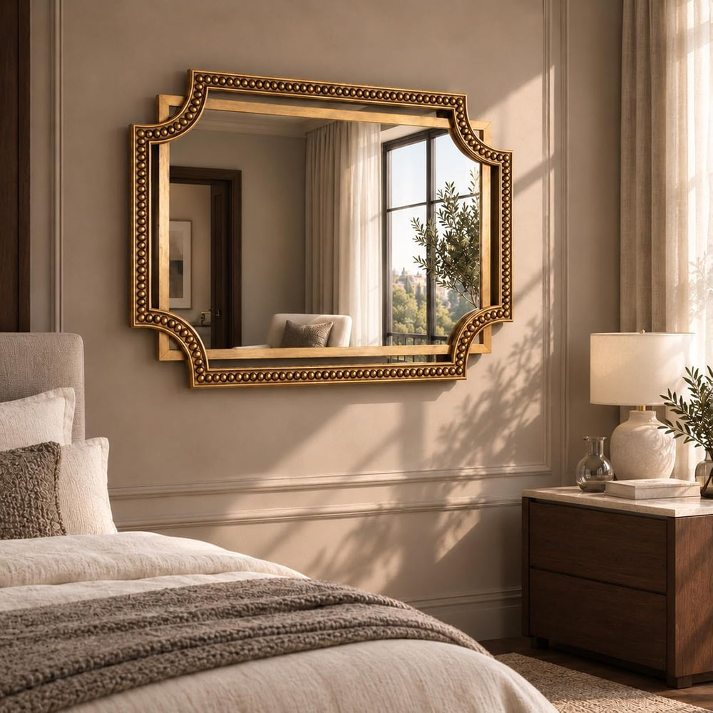 Gold Rectangle Wall Mirror, 40x30 Inch Scalloped Beaded Frame for Bathroom