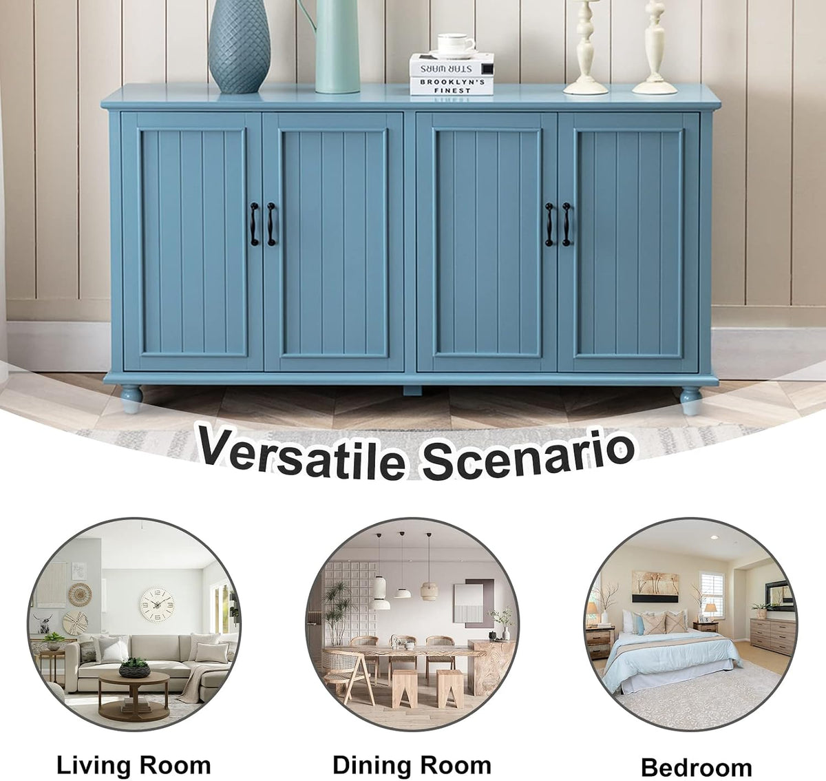 Sideboard Buffet Cabinet with 4 Doors, Vintage Coffee Bar Station, Blue
