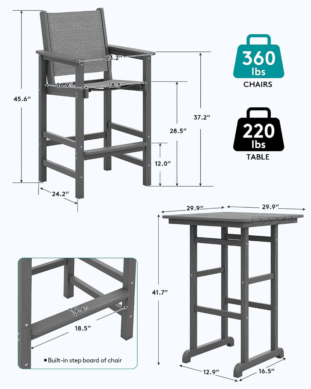 SERWALL 3 Pcs Textilene Bar Height Adirondack Chairs and Table Set, Grey