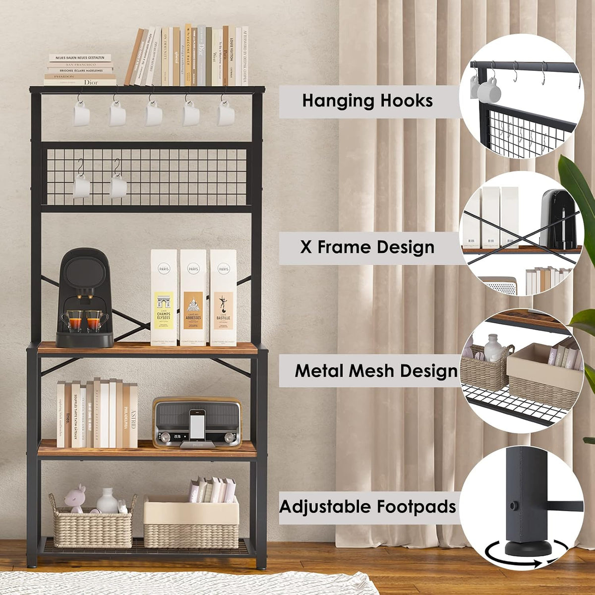 soges Kitchen Baker's Rack, 4-Tier Design, Microwave Stand, Rustic Brown, Utility Organizer, Mesh Bottom Panel, Free Standing with 5 Hooks