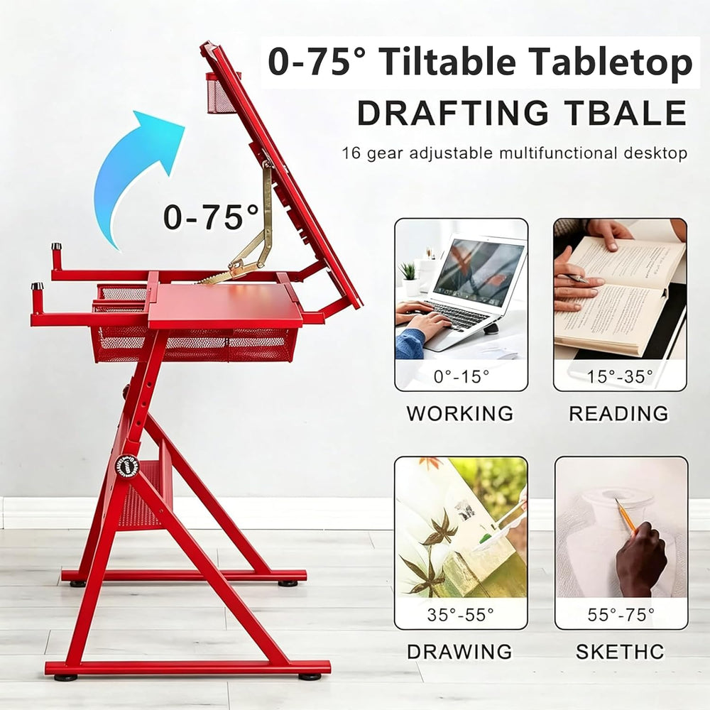 Drafting Table for Artists, Glass Drawing Table with Stool, T1-Red