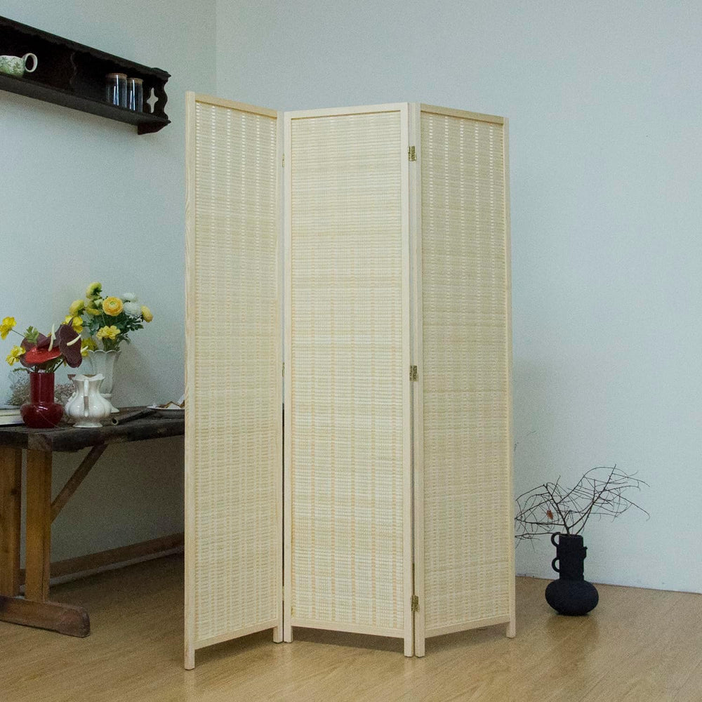 3-Panel Bamboo Room Divider - 5.6 ft Tall Beige Folding Privacy Screen, Doubl...