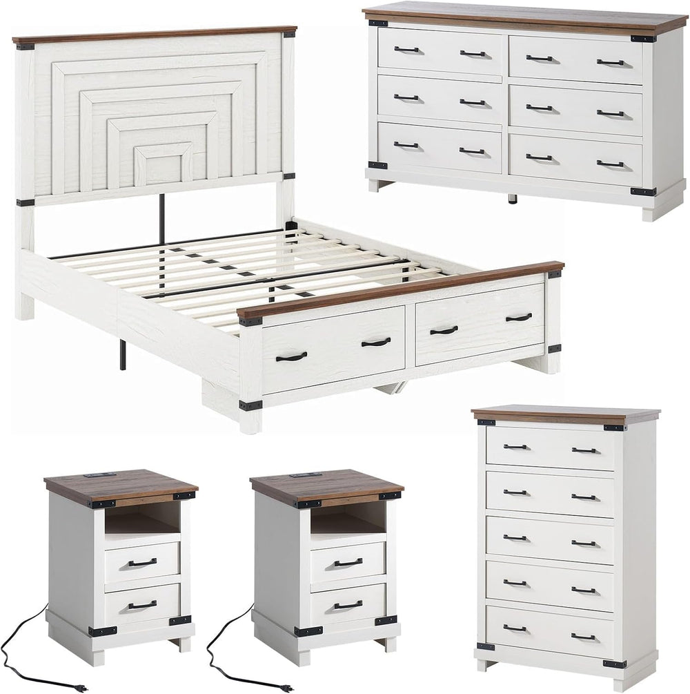 AMERLIFE 5 Pieces Farmhouse Wood Bedroom Set, Includes Rustic Full Bed Frame ...