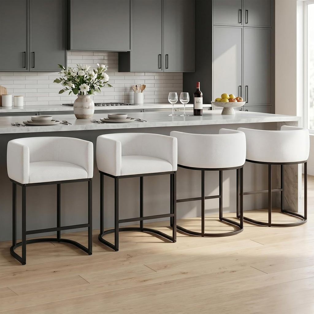 Counter Height Bar Stools Set of 4, 24 Inch Seat Height Barstools for Dining Room, Fabric Upholstered Bar Chair for Kitchen Island, Linen Counter Stools with Metal Legs, White