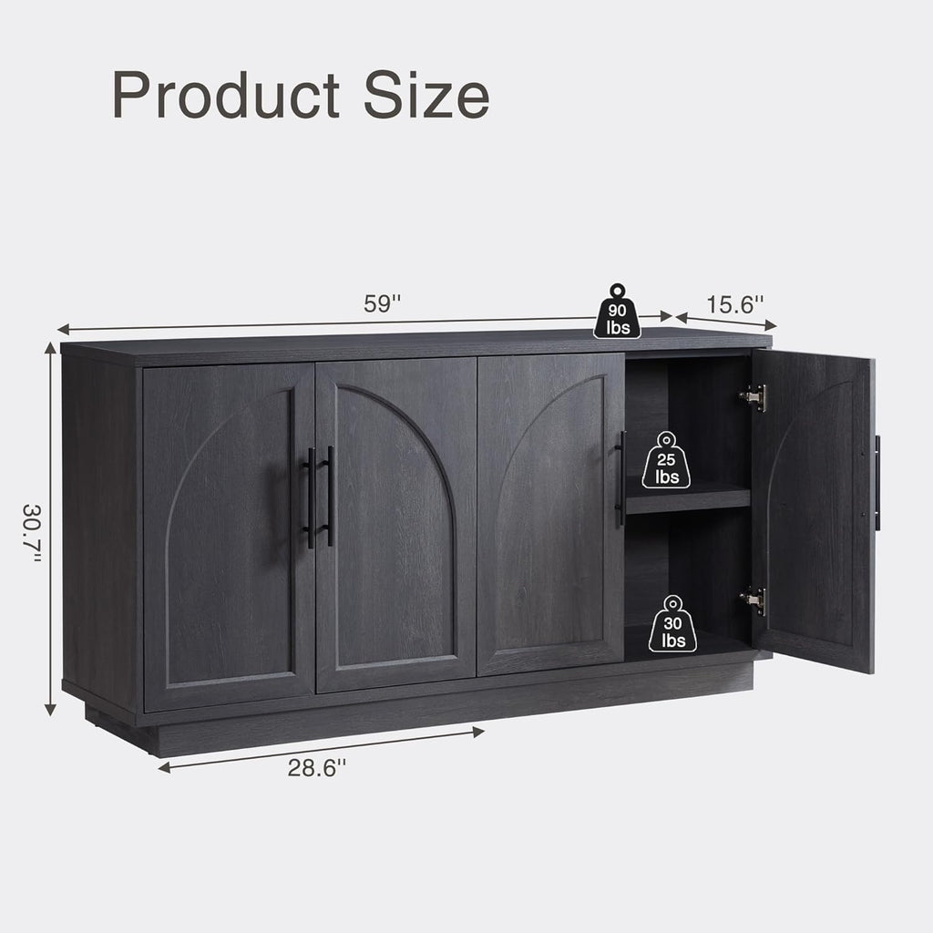 Fatmok Buffet Cabinet with Storage, 59'' Modern Arched Sideboard Cabinet w/Adjustable Shelves, Wood Media TV Console Table Credenza for Living Room Hallway Entryway, Black Grey