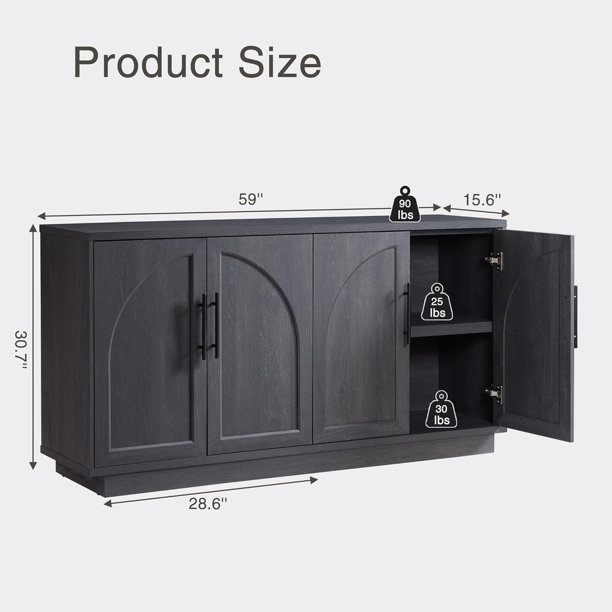 Fatmok Buffet Cabinet with Storage, 59'' Modern Arched Sideboard Cabinet w/Adjustable Shelves, Wood Media TV Console Table Credenza for Living Room Hallway Entryway, Black Grey