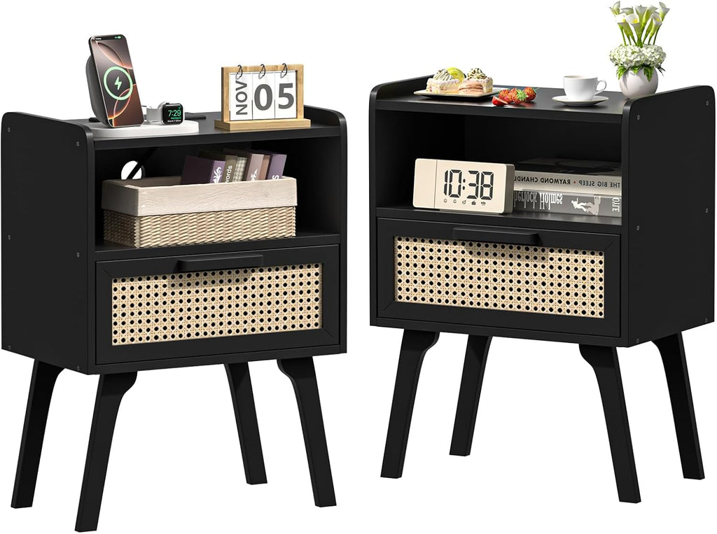 Lerliuo Rattan Nightstands Set of 2, Bedside Table with Drawer Open Shelf