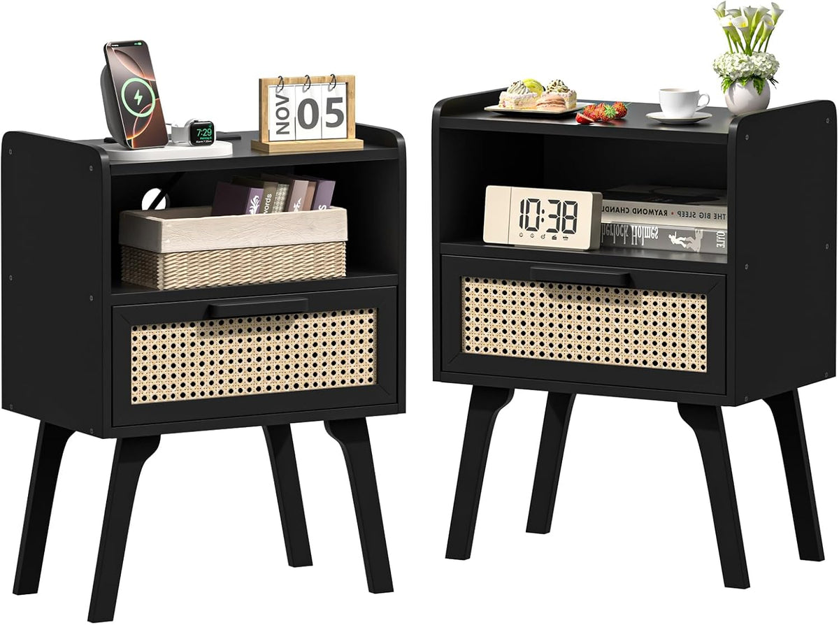 Lerliuo Rattan Nightstands Set of 2, Bedside Table with Drawer Open Shelf