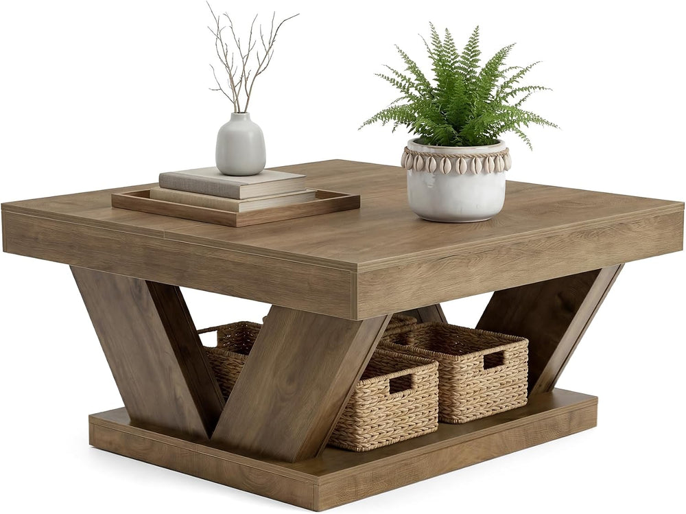 LITTLE TREE Coffee Table, Farmhouse Coffee Table with Large Storage Shelf, 2-...