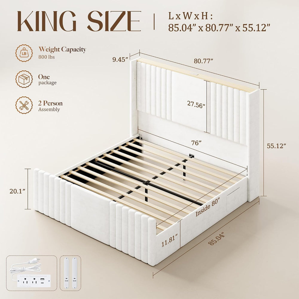 55" Tall King Size Platform Bed Frame with 2 Reading Lights, Cream