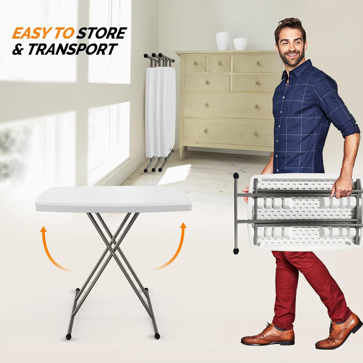 VINGLI Small Adjustable Folding Table, 13.8 in-28 in Height Personal Laptop TV Tray, HDPE Plastic Top with Steel Frame, 30 inch, White