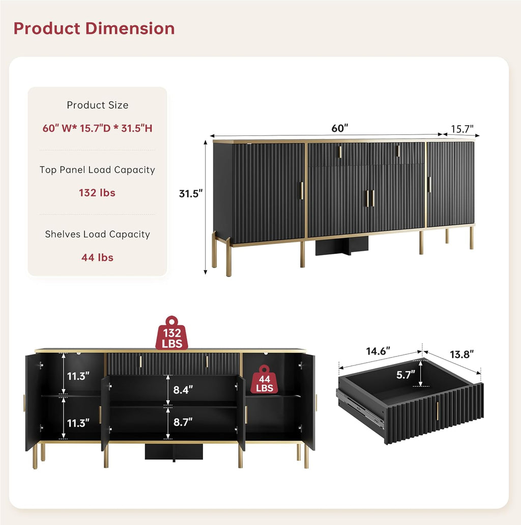 60" Fluted Buffet Cabinet with Storage, Modern Buffets & Sideboard with 2 Drawers, 4 Doors and Adjustable Shelves, Accent Cabinet for Kitchen, Black