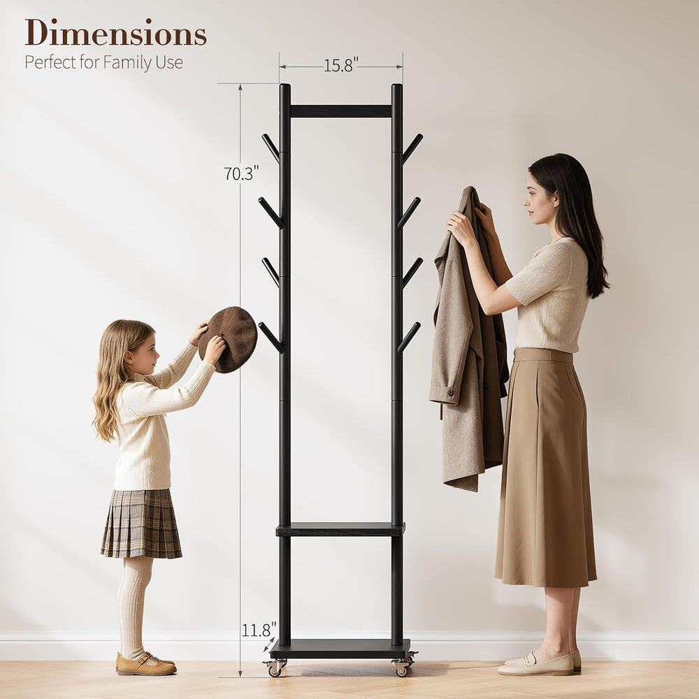Yoobure Solid Wood Coat Rack Freestanding - Rolling Clothes Rack with 8 Hooks...