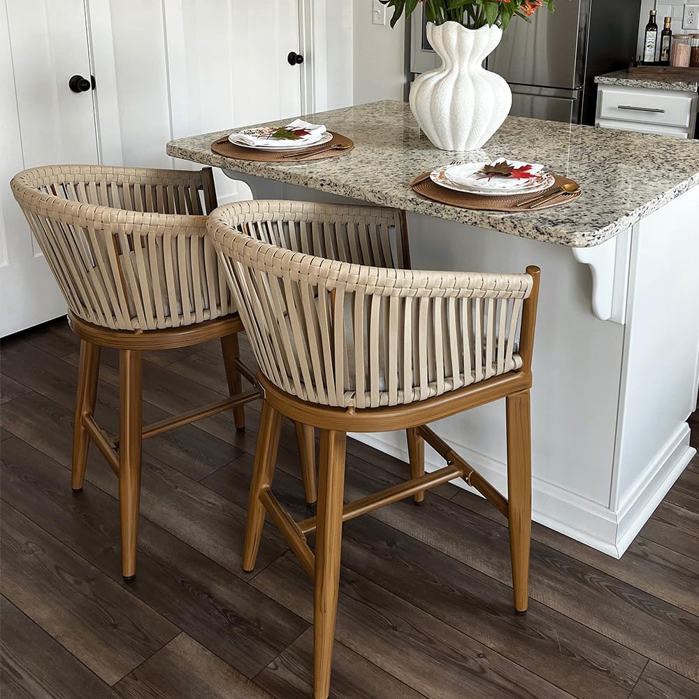 PURPLE LEAF Outdoor Patio Counter Stool Set of 2 Woven Rattan Teak Aluminum