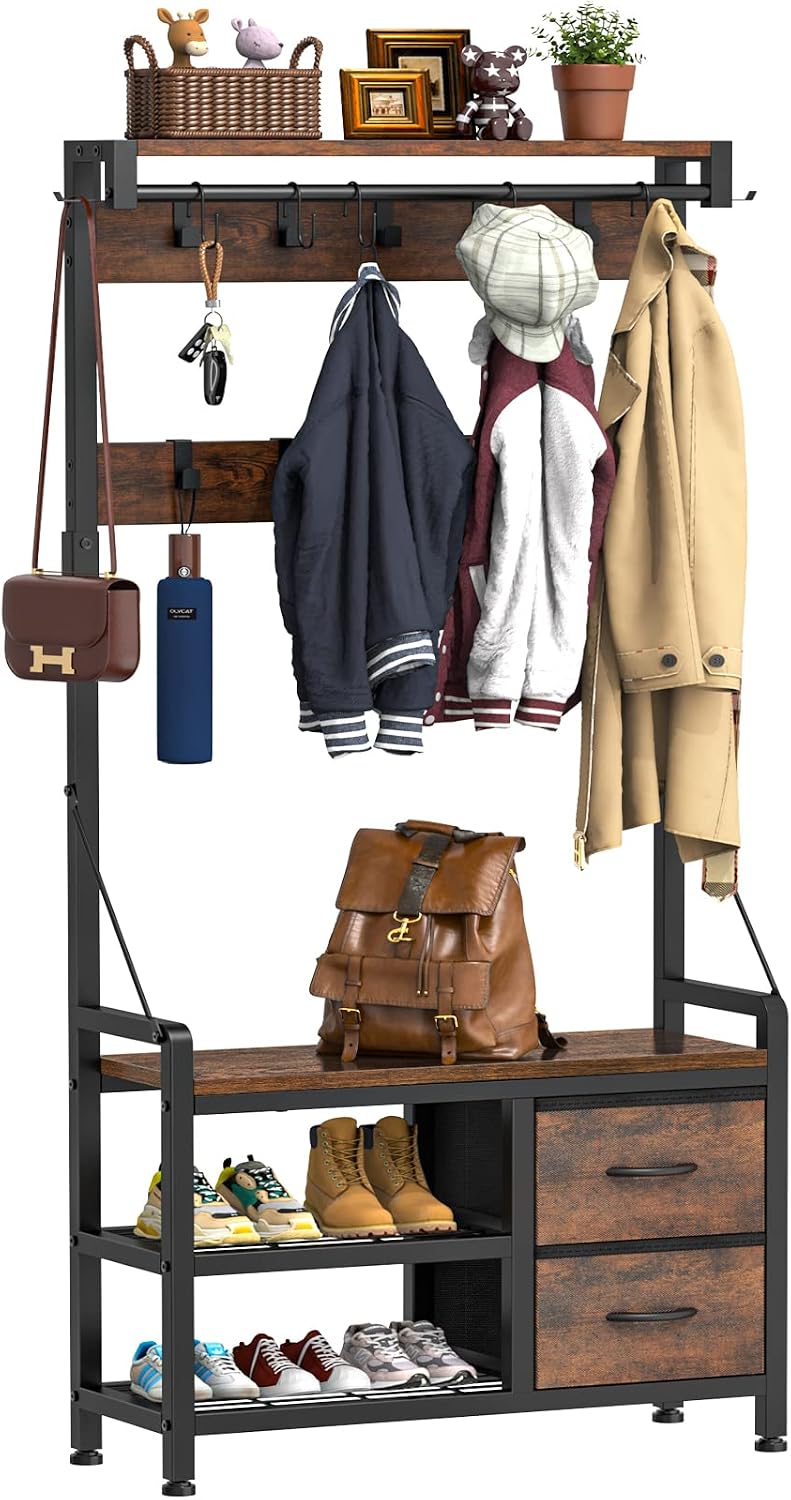 Lulive Hall Tree with Bench and Shoe Storage, 31.5” Coat Rack Freestanding