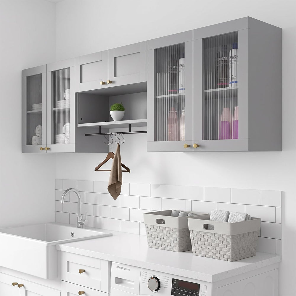 Kikihouse Wall Mounted Storage Cabinet Set with Glass Doors (Grey)