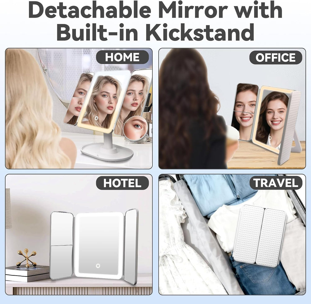 2X/3X/10X Makeup Mirror with Lighting，Trifold Magnifying Vanity Mirror