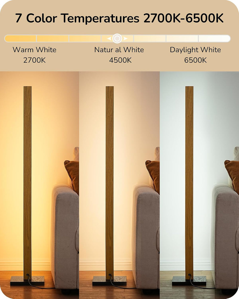 EDISHINE 48.43" Wooden LED Corner Floor Lamp with Remote, Dimmable &...