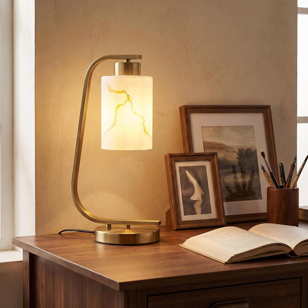 Modern Industrial Table Lamp, Marble Pattern Glass Shade Desk Lamp with C-Sha...