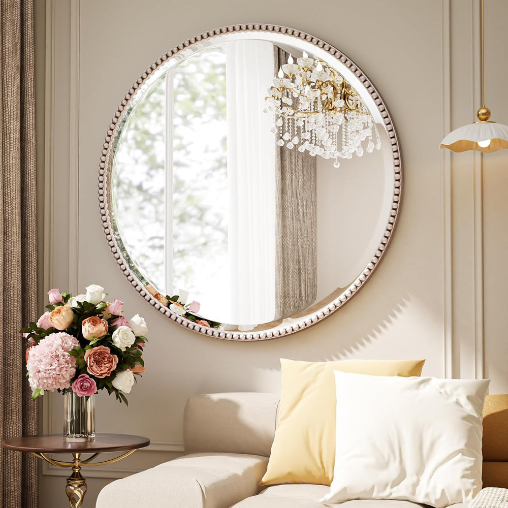 24'' Round Bathroom Mirror, Beaded Circle Decorative Wall Mirror