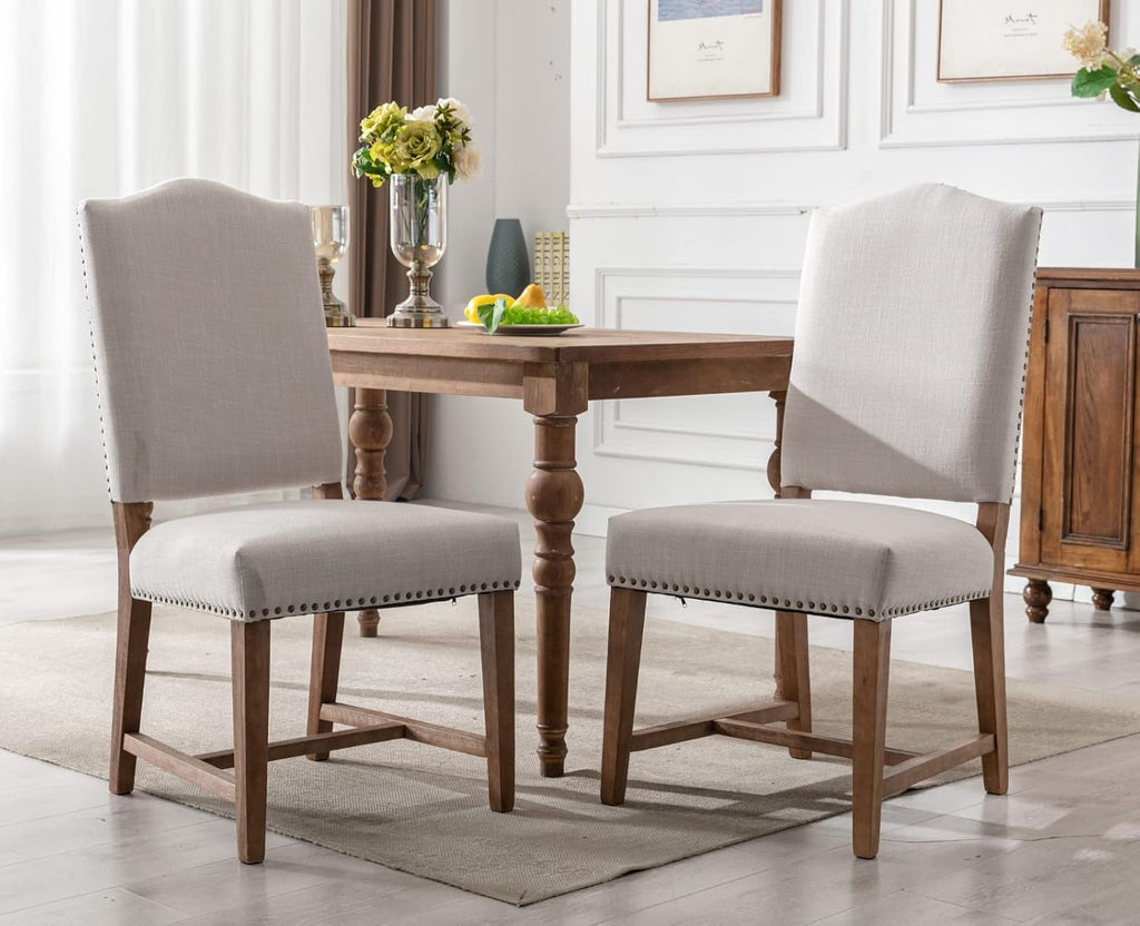 Shunzhi Farmhouse Upholstered Dining Chairs Set of 2 Mid Century Modern Dining Room Chairs Parson Linen Chairs Armless Kitchen Side Chairs with Wood Frame/High Back/Nailhead, Beige