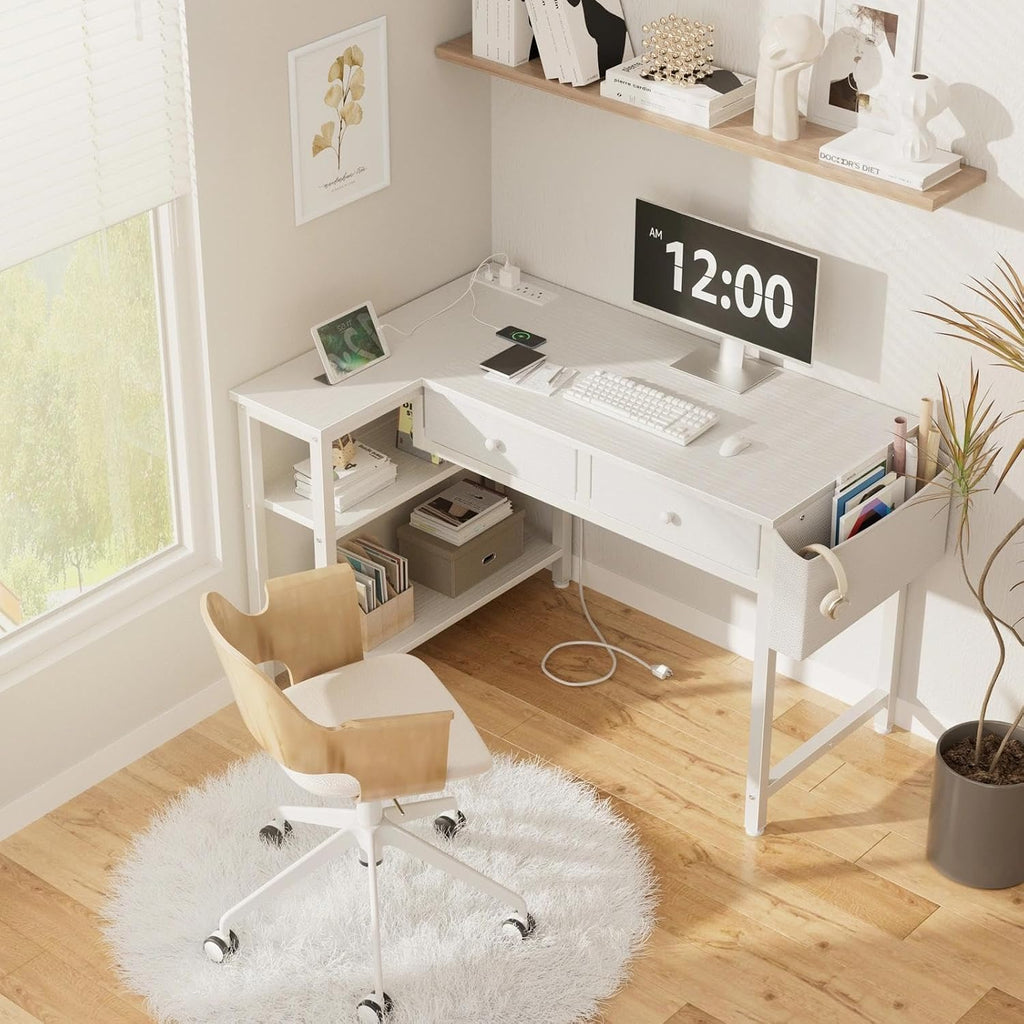 Small White 40 Inch L Shaped Corner Desk with Drawers & Storage Shelves
