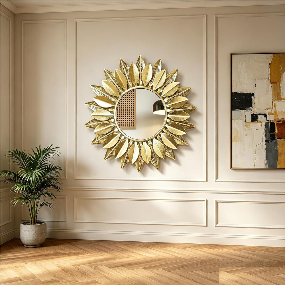 24" Gold Sunburst Flower Decorative Round Mirror for Wall Decor