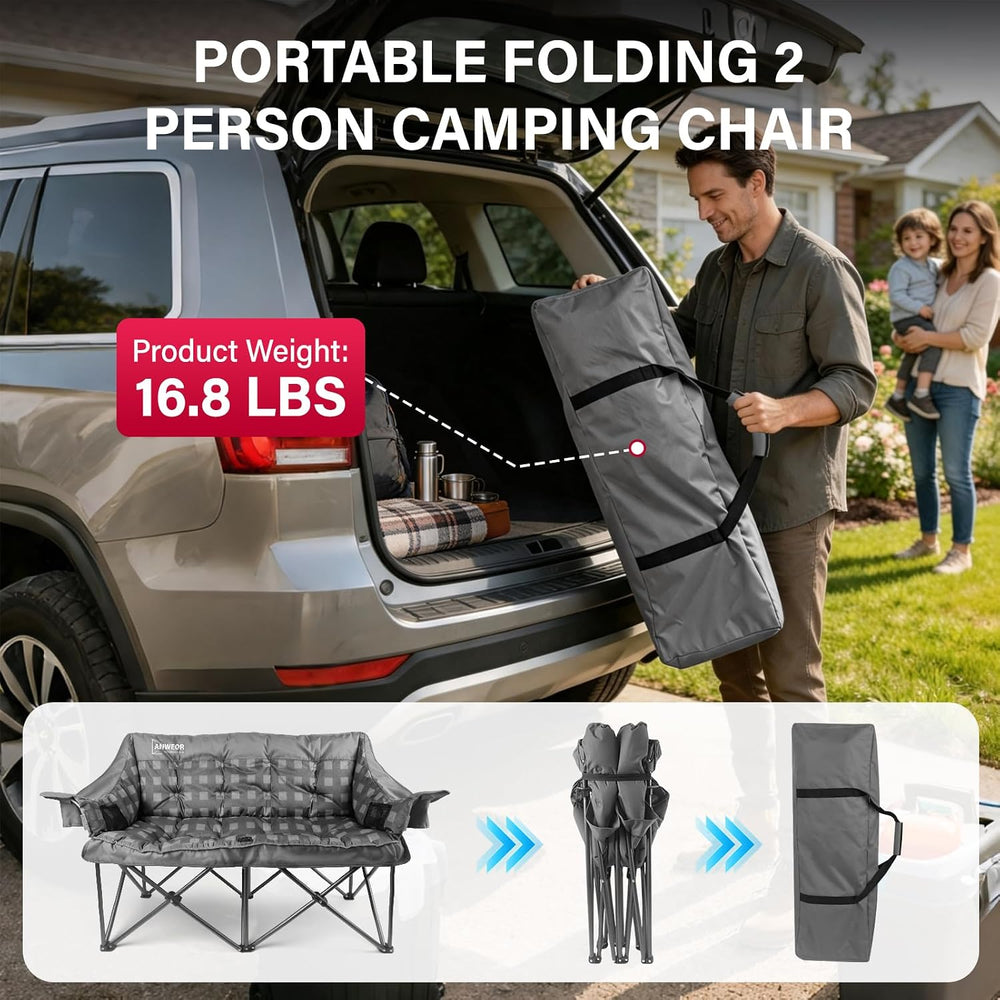 Double Camping Chair for Adult,Heavy Duty Padded Loveseat Chair,Gray