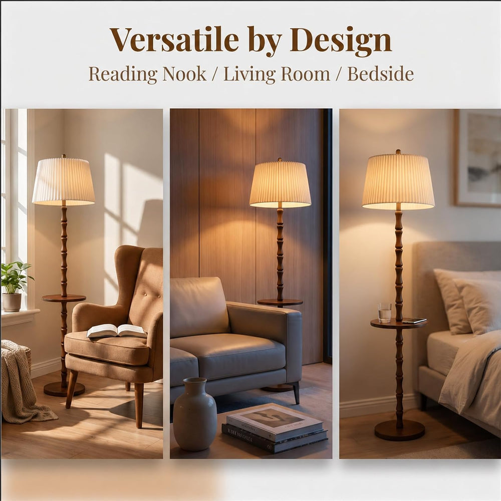 Real Wood Floor Lamp with Built-in Tray, Remote Control, Adjustable Brightnes...