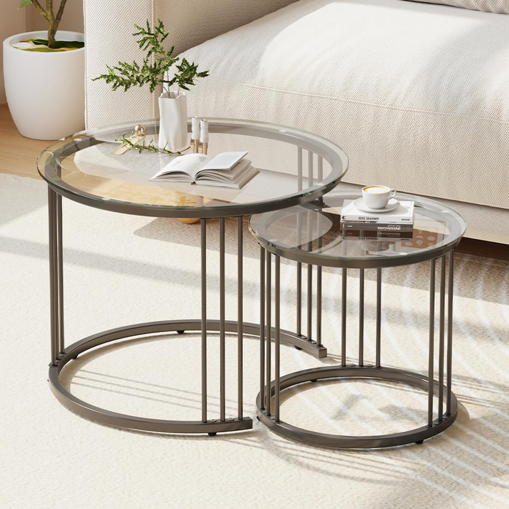Garden 4 you Nesting Coffee Table, 23.6" Round Coffee Table Set of 2, Gl...