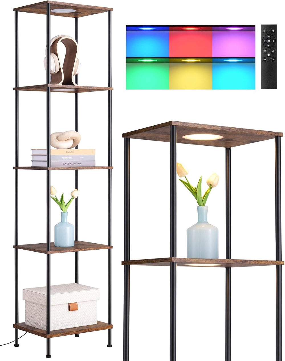 EDISHINE RGBW Floor Lamp with 5-Tier Display Shelves, Remote Control